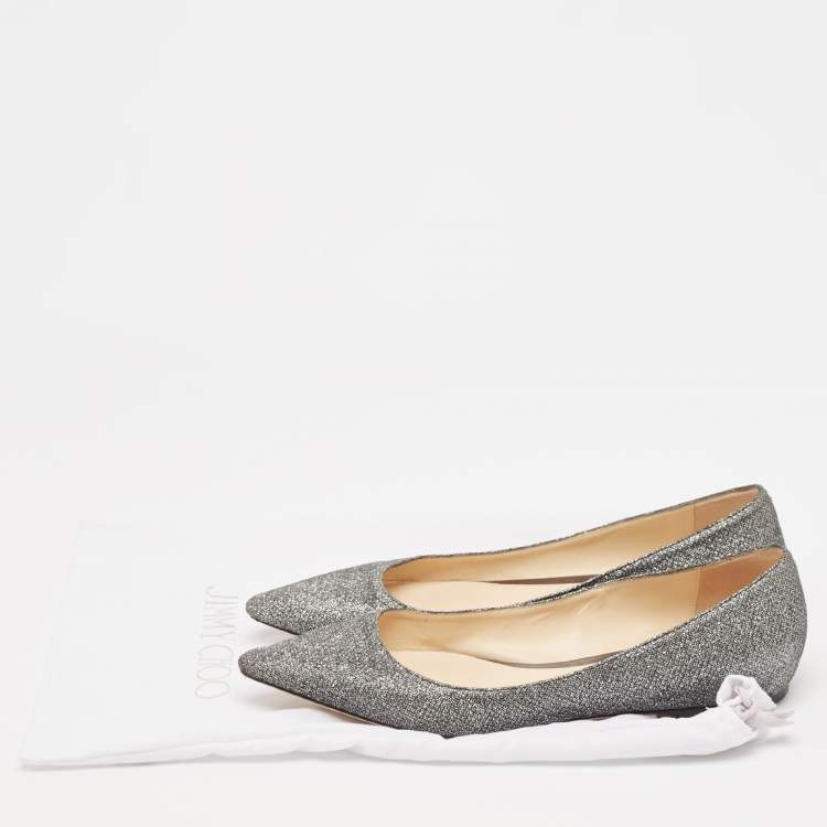 Pre Owned Jimmy Choo Metallic Grey Lurex Fabric Romy Flats Size 38.5