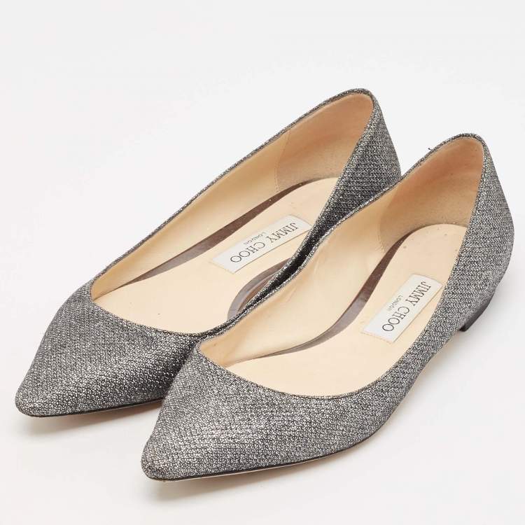 Pre Owned Jimmy Choo Metallic Grey Lurex Fabric Romy Flats Size 38.5