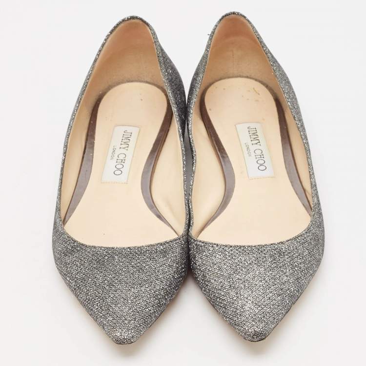 Pre Owned Jimmy Choo Metallic Grey Lurex Fabric Romy Flats Size 38.5