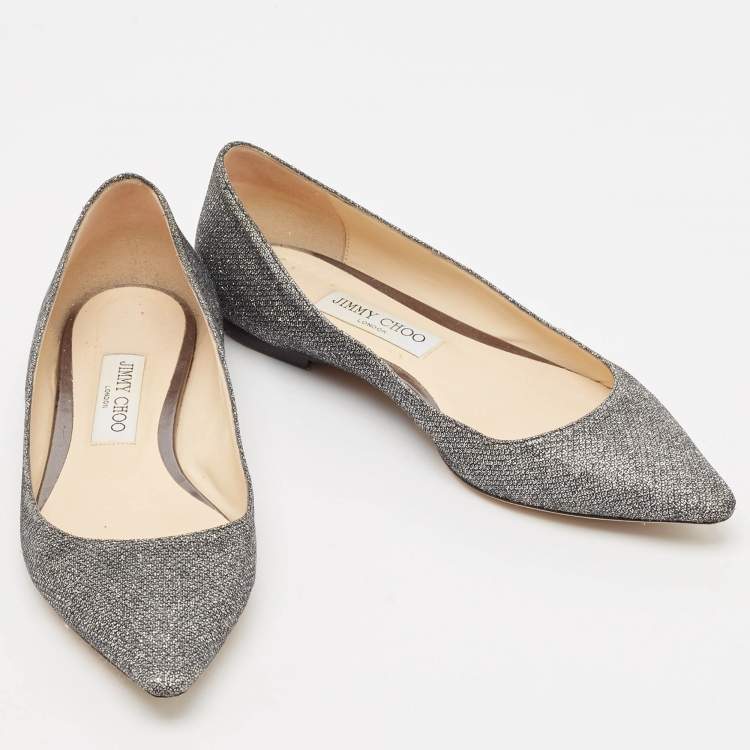 Pre Owned Jimmy Choo Metallic Grey Lurex Fabric Romy Flats Size 38.5