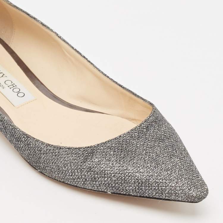 Pre Owned Jimmy Choo Metallic Grey Lurex Fabric Romy Flats Size 38.5