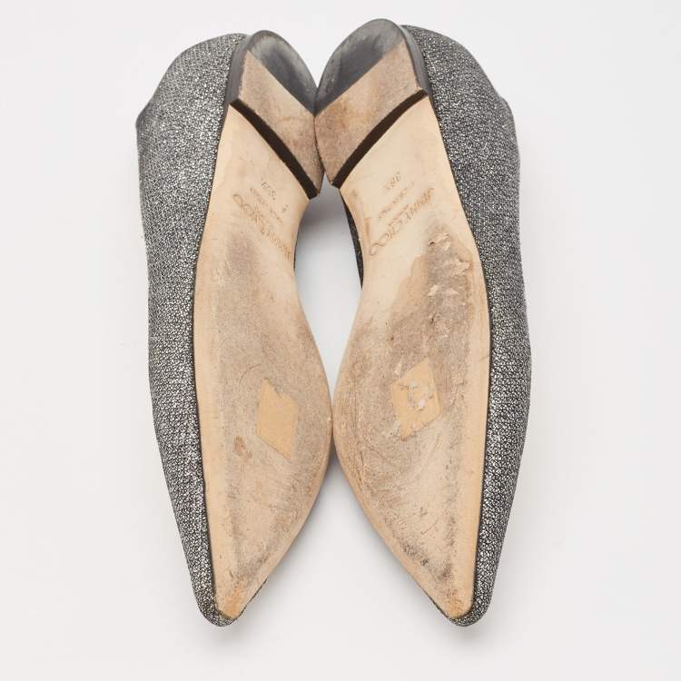 Pre Owned Jimmy Choo Metallic Grey Lurex Fabric Romy Flats Size 38.5