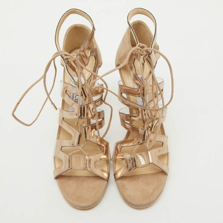 Pre Owned Jimmy Choo Beige Suede and PVC Dani Cut Out Sandals Size 39