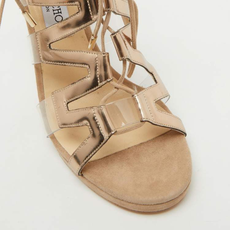 Pre Owned Jimmy Choo Beige Suede and PVC Dani Cut Out Sandals Size 39