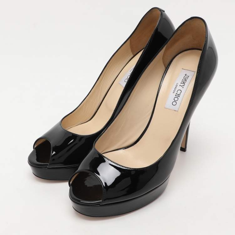 Pre Owned Jimmy Choo Black Patent Leather Crown Platform Pumps Size 41.5