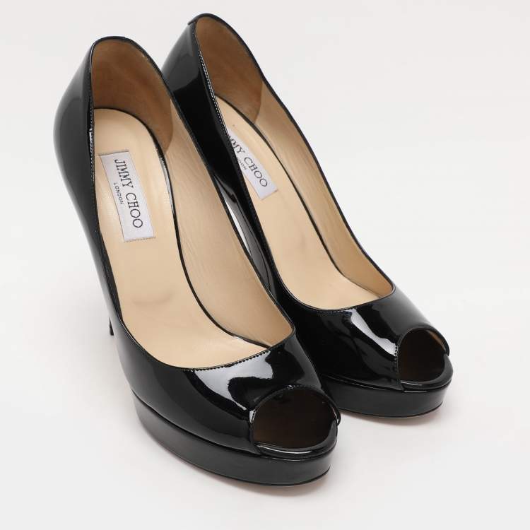 Pre Owned Jimmy Choo Black Patent Leather Crown Platform Pumps Size 41.5