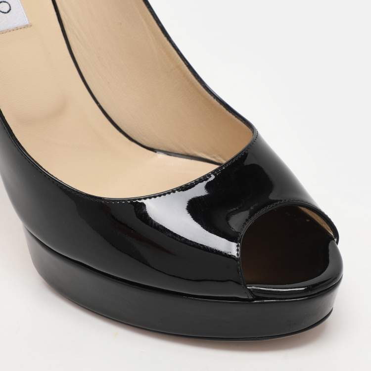 Pre Owned Jimmy Choo Black Patent Leather Crown Platform Pumps Size 41.5