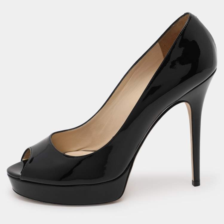 Pre Owned Jimmy Choo Black Patent Leather Crown Platform Pumps Size 41.5