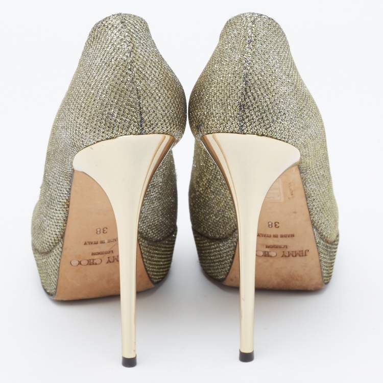 Pre Owned Jimmy Choo Silver/Gold Lurex Fabric Dahlia Peep Toe Pumps Size 38