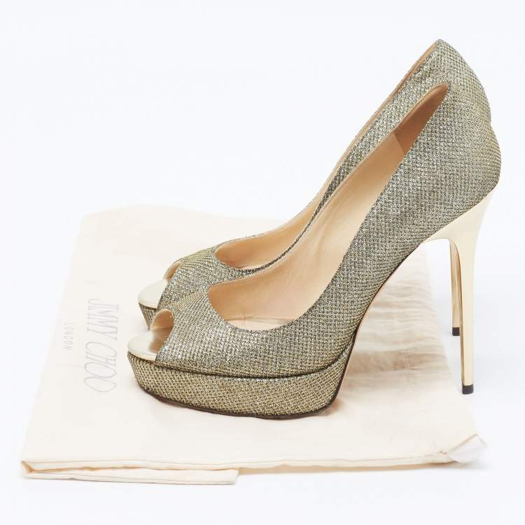 Pre Owned Jimmy Choo Silver/Gold Lurex Fabric Dahlia Peep Toe Pumps Size 38
