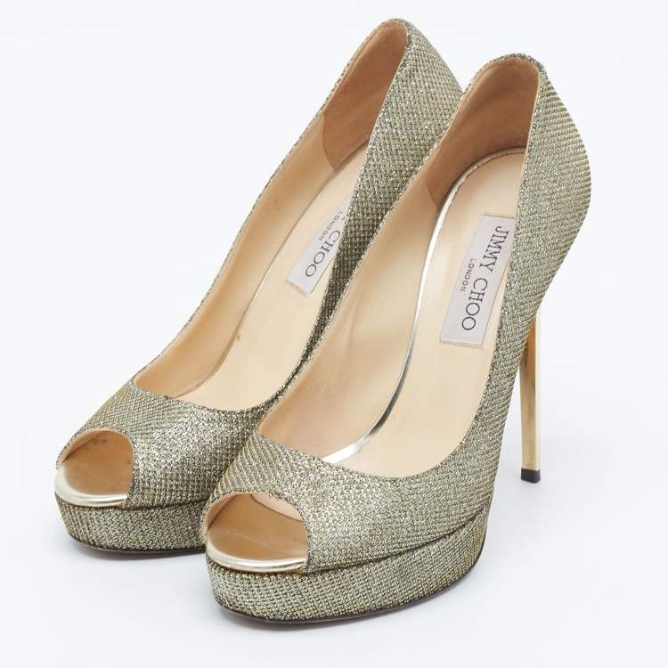 Pre Owned Jimmy Choo Silver/Gold Lurex Fabric Dahlia Peep Toe Pumps Size 38