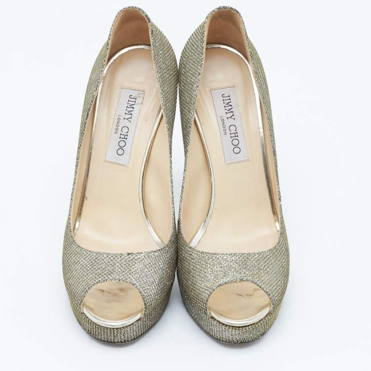 Pre Owned Jimmy Choo Silver/Gold Lurex Fabric Dahlia Peep Toe Pumps Size 38