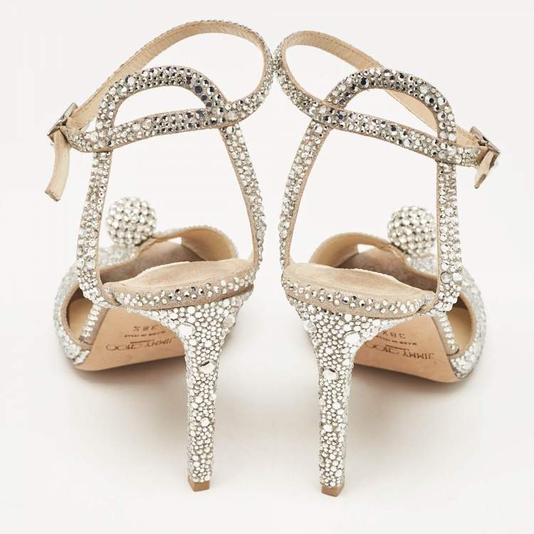 Pre Owned Jimmy Choo Beige Suede Crystal Embellished Sacora Ankle Strap Sandals Size 38.5
