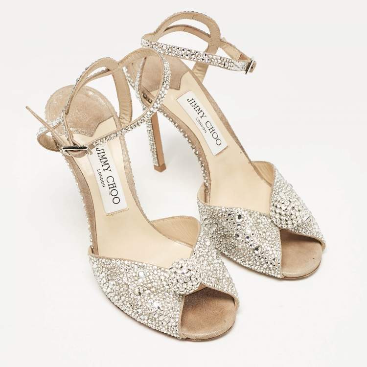 Pre Owned Jimmy Choo Beige Suede Crystal Embellished Sacora Ankle Strap Sandals Size 38.5