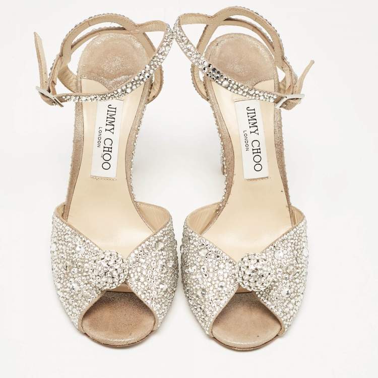 Pre Owned Jimmy Choo Beige Suede Crystal Embellished Sacora Ankle Strap Sandals Size 38.5