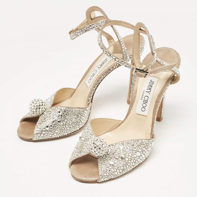 Pre Owned Jimmy Choo Beige Suede Crystal Embellished Sacora Ankle Strap Sandals Size 38.5