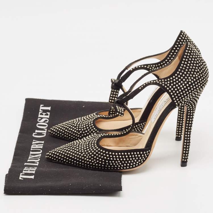 Pre Owned Jimmy Choo Black Studded Suede Talan T Strap Pumps Size 36