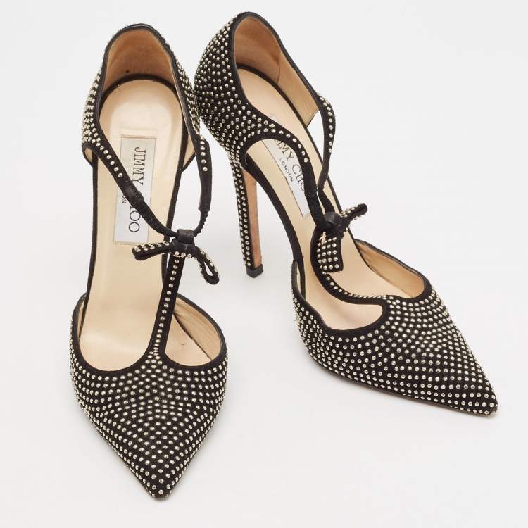 Pre Owned Jimmy Choo Black Studded Suede Talan T Strap Pumps Size 36
