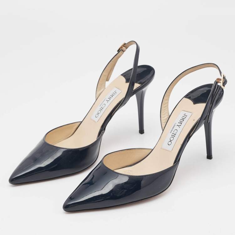 Pre Owned Jimmy Choo Navy Blue Patent Leather Tarida Slingback Sandals Size 39
