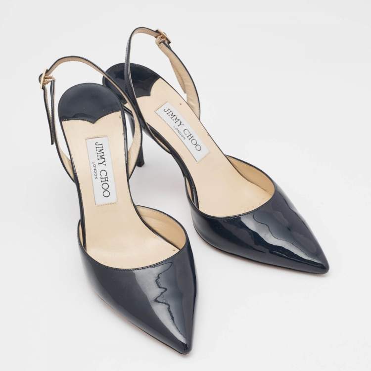 Pre Owned Jimmy Choo Navy Blue Patent Leather Tarida Slingback Sandals Size 39