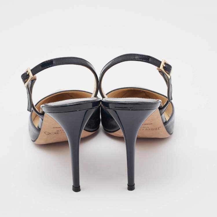 Pre Owned Jimmy Choo Navy Blue Patent Leather Tarida Slingback Sandals Size 39