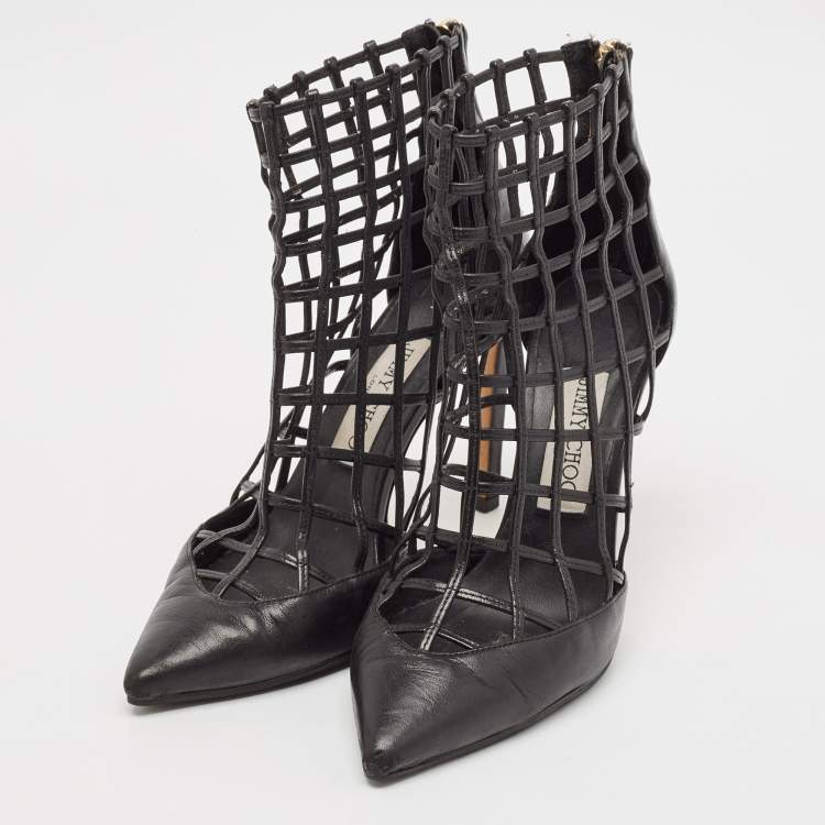 Pre Owned Jimmy Choo Black Leather Sheldon Caged Ankle Length Boots Size 36.5
