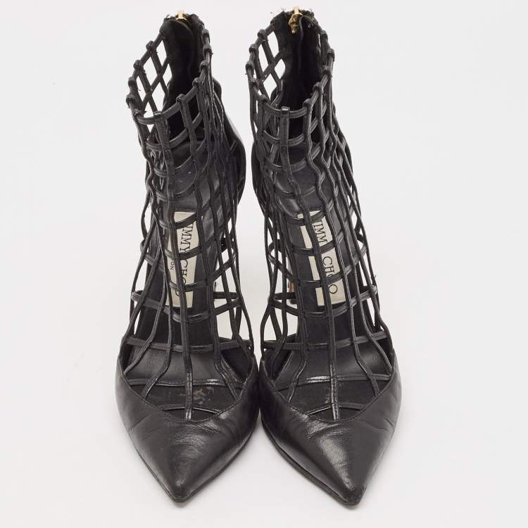 Pre Owned Jimmy Choo Black Leather Sheldon Caged Ankle Length Boots Size 36.5