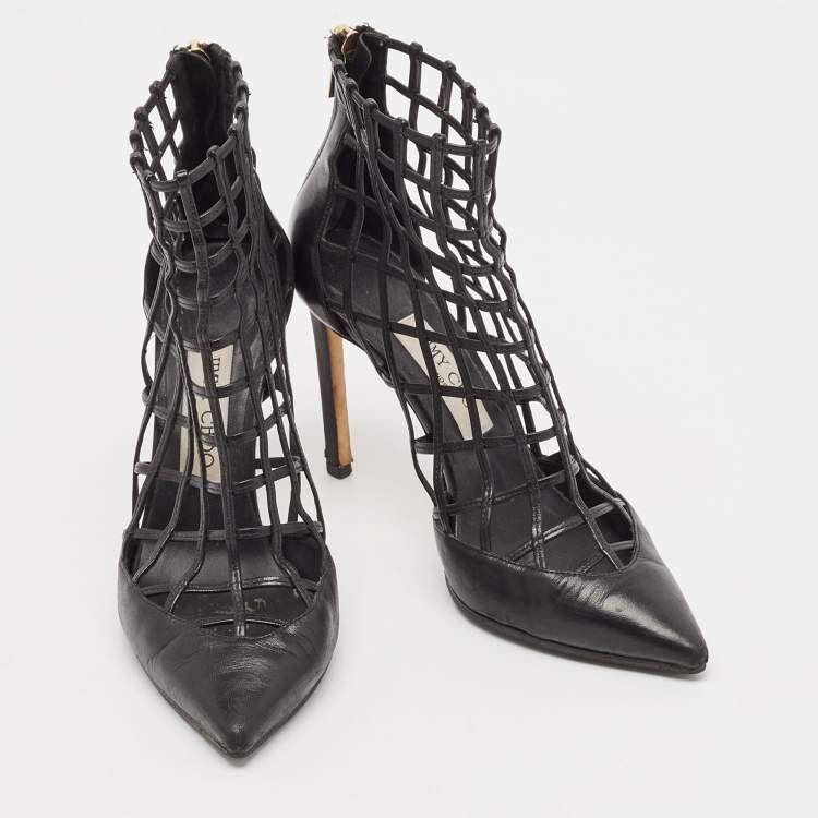 Pre Owned Jimmy Choo Black Leather Sheldon Caged Ankle Length Boots Size 36.5