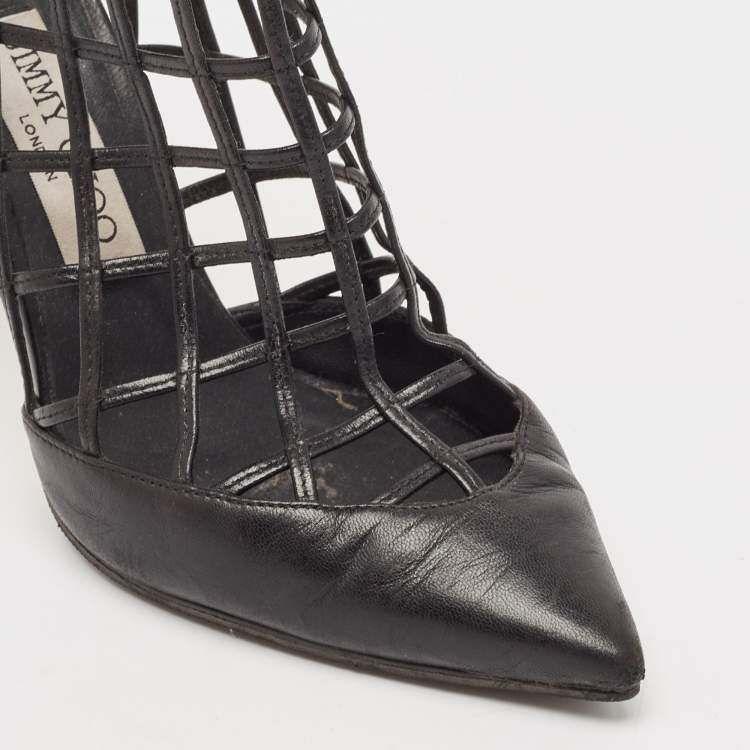 Pre Owned Jimmy Choo Black Leather Sheldon Caged Ankle Length Boots Size 36.5