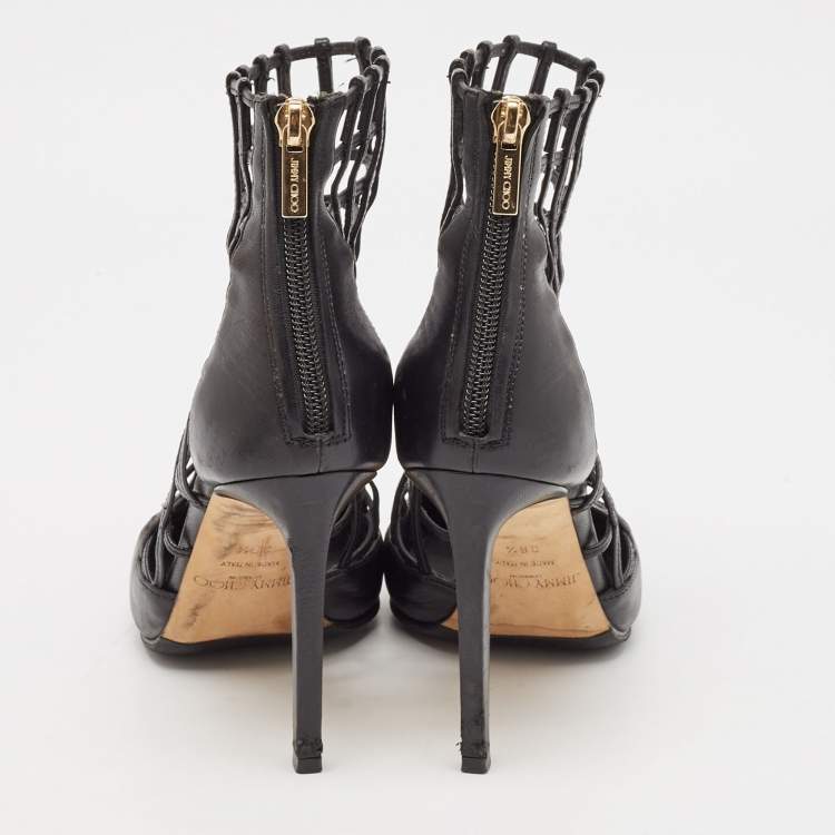 Pre Owned Jimmy Choo Black Leather Sheldon Caged Ankle Length Boots Size 36.5