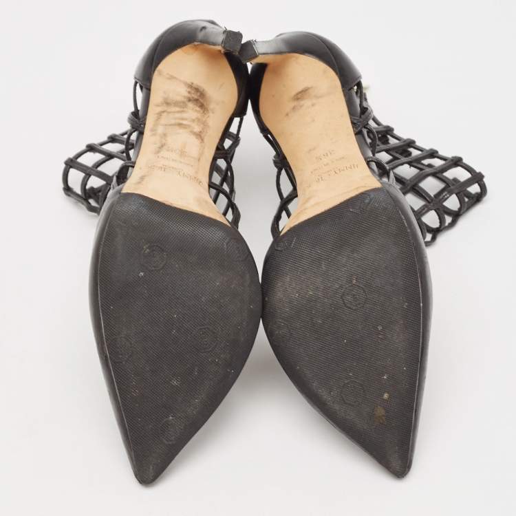 Pre Owned Jimmy Choo Black Leather Sheldon Caged Ankle Length Boots Size 36.5