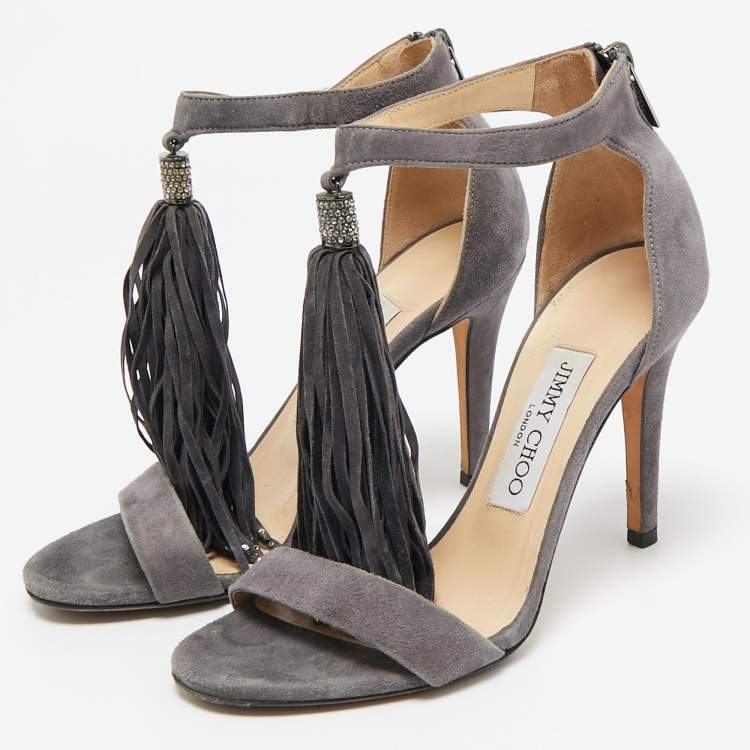Pre Owned Jimmy Choo Grey Suede Ankle Strap Sandals Size 35.5