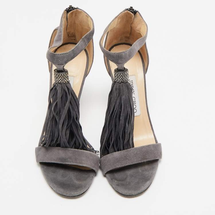 Pre Owned Jimmy Choo Grey Suede Ankle Strap Sandals Size 35.5