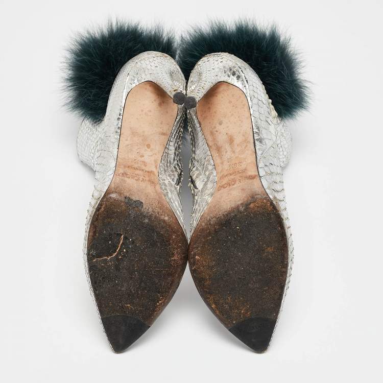 Pre Owned Jimmy Choo Silver Python Embossed Leather and Fur Ankle Length Boots Size 36.5