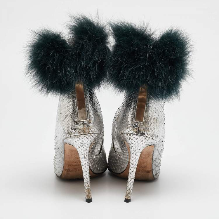 Pre Owned Jimmy Choo Silver Python Embossed Leather and Fur Ankle Length Boots Size 36.5
