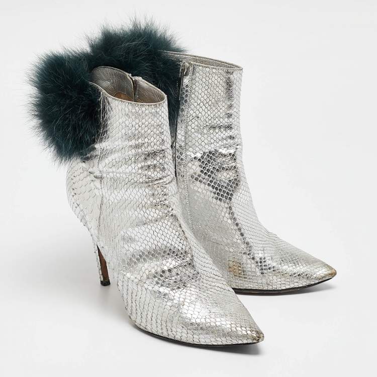 Pre Owned Jimmy Choo Silver Python Embossed Leather and Fur Ankle Length Boots Size 36.5
