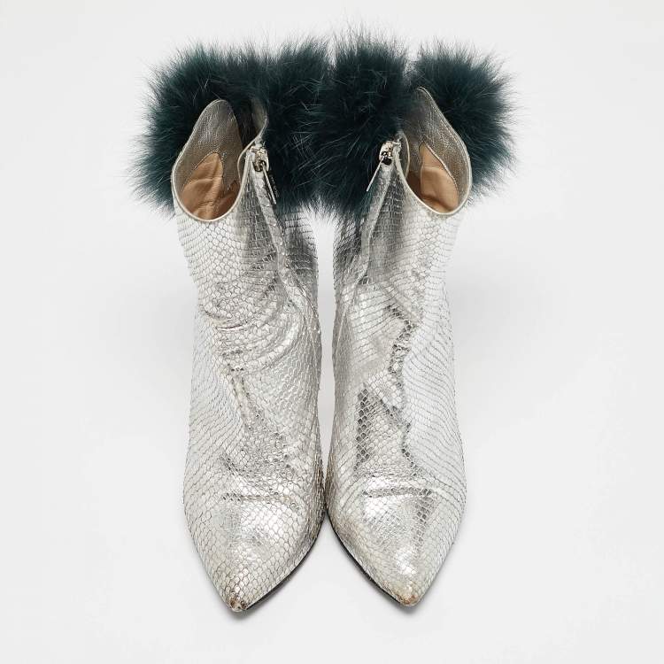 Pre Owned Jimmy Choo Silver Python Embossed Leather and Fur Ankle Length Boots Size 36.5