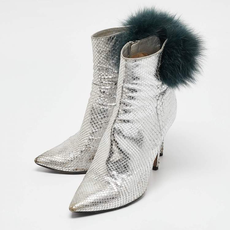 Pre Owned Jimmy Choo Silver Python Embossed Leather and Fur Ankle Length Boots Size 36.5