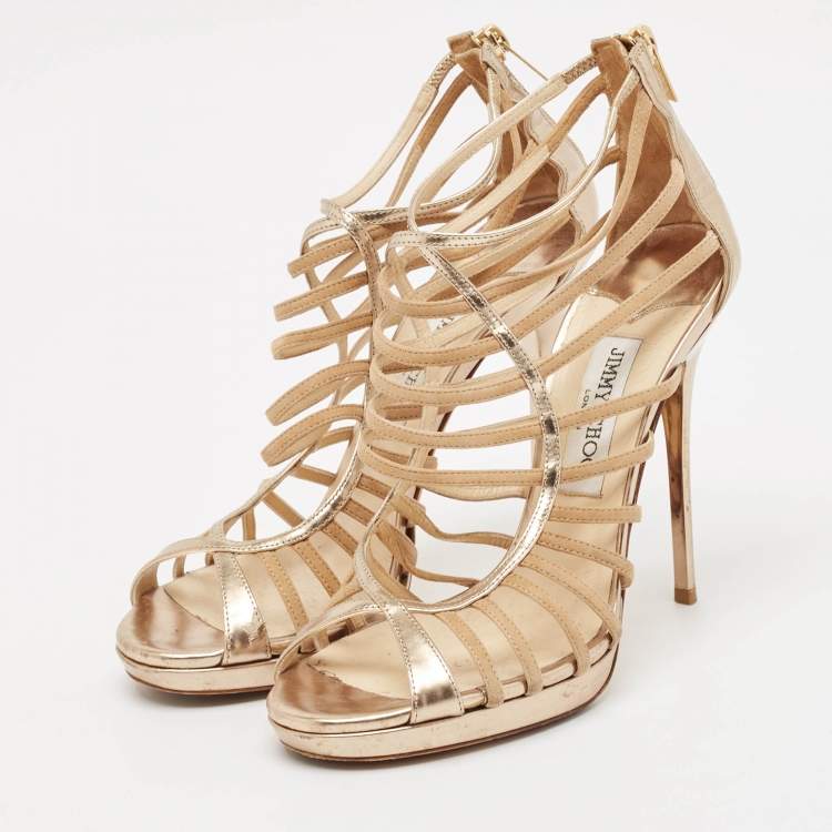 Pre Owned Jimmy Choo Beige Suede and Leather Dani Cut Out Sandals Size 39