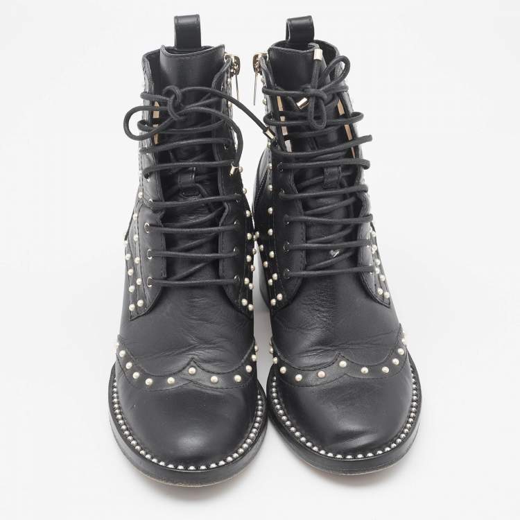 Pre Owned Jimmy Choo Black Leather Studded Ankle Boots Size 36.5