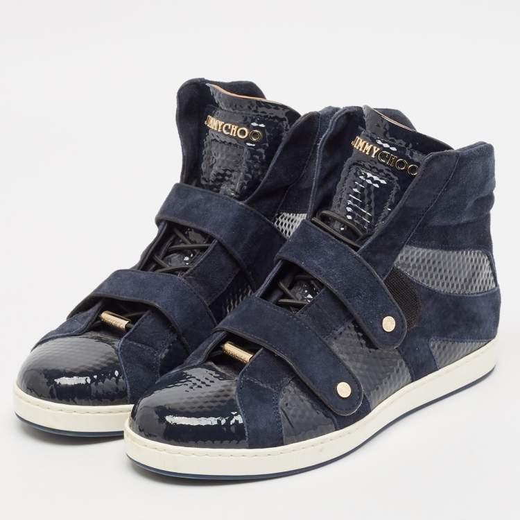 Pre Owned Jimmy Choo Navy Blue Suede and Patent Yazz High Top Sneakers Size 36.5