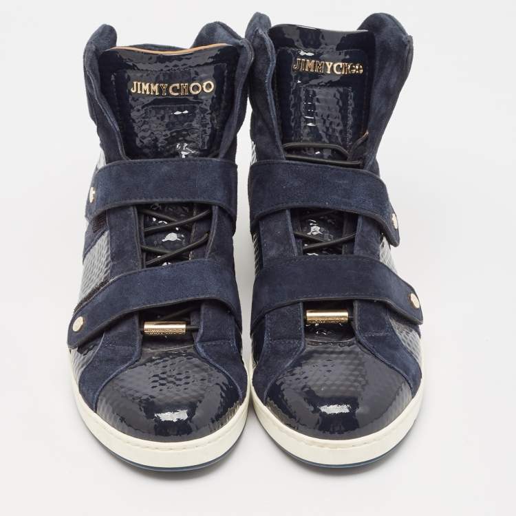 Pre Owned Jimmy Choo Navy Blue Suede and Patent Yazz High Top Sneakers Size 36.5