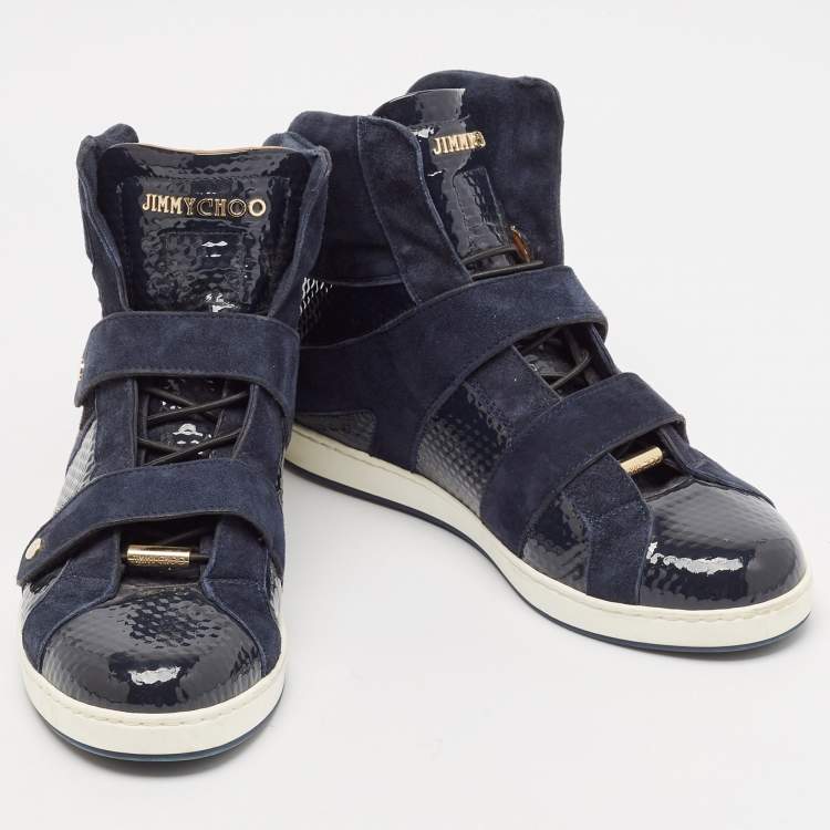 Pre Owned Jimmy Choo Navy Blue Suede and Patent Yazz High Top Sneakers Size 36.5
