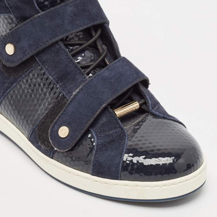 Pre Owned Jimmy Choo Navy Blue Suede and Patent Yazz High Top Sneakers Size 36.5