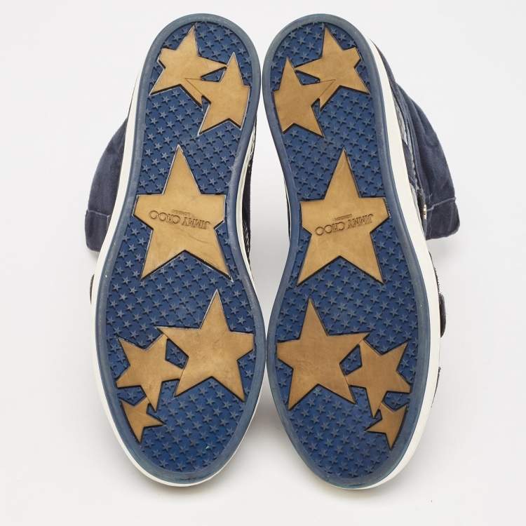 Pre Owned Jimmy Choo Navy Blue Suede and Patent Yazz High Top Sneakers Size 36.5