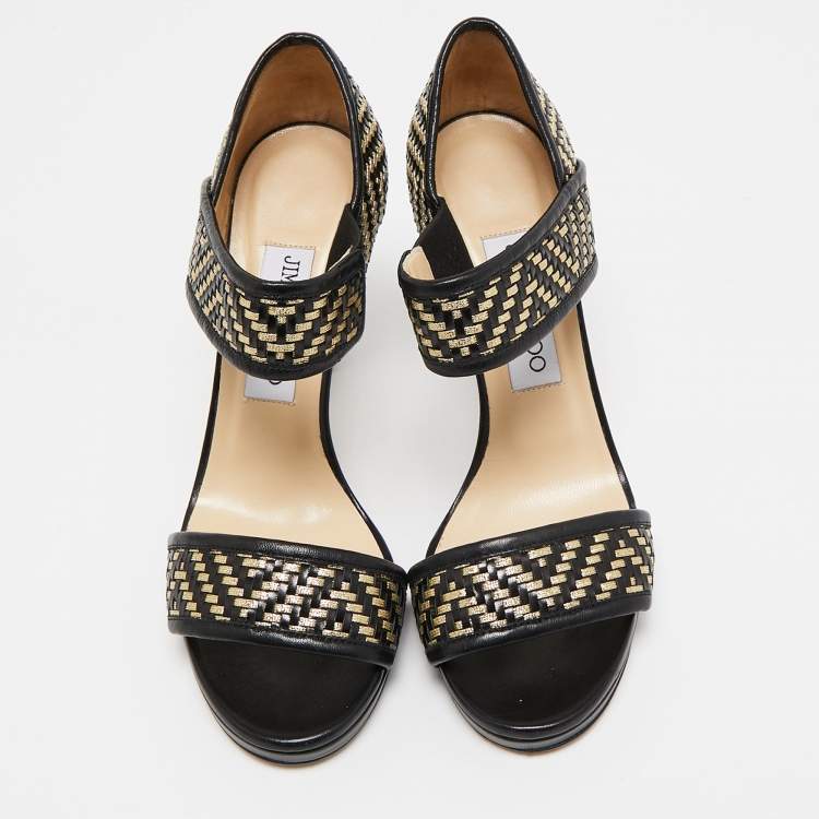 Pre Owned Jimmy Choo Black/Gold  Leather Ankle Strap Sandals Size 36.5