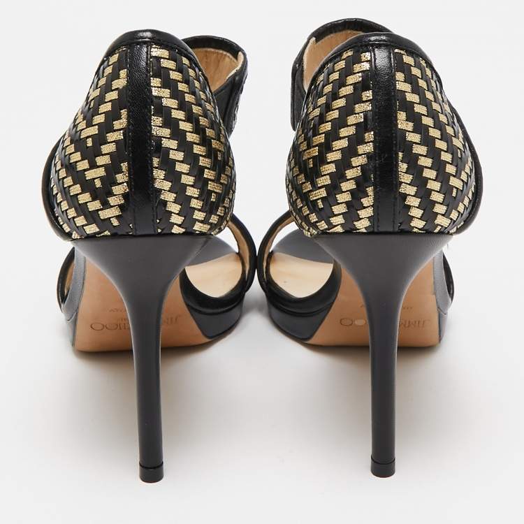 Pre Owned Jimmy Choo Black/Gold  Leather Ankle Strap Sandals Size 36.5