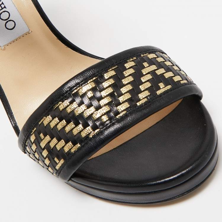 Pre Owned Jimmy Choo Black/Gold  Leather Ankle Strap Sandals Size 36.5