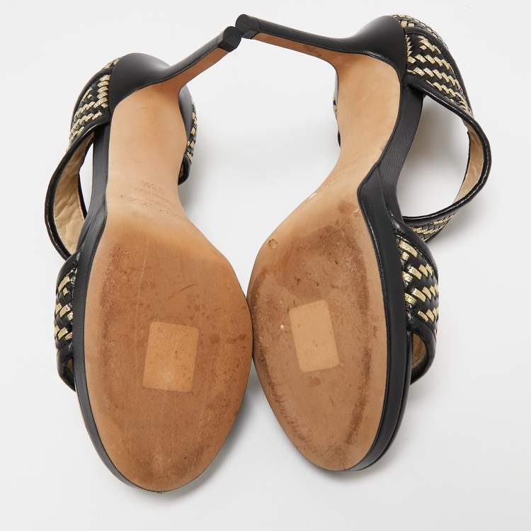 Pre Owned Jimmy Choo Black/Gold  Leather Ankle Strap Sandals Size 36.5
