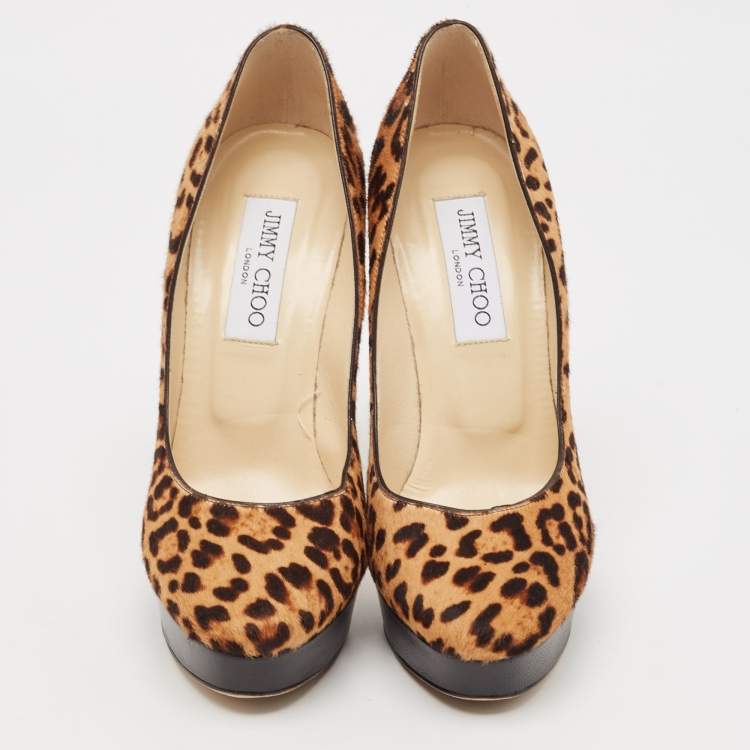 Pre Owned Jimmy Choo Brown/Beige Calf Hair and Leather Cosmic Platform Pumps Size 37.5
